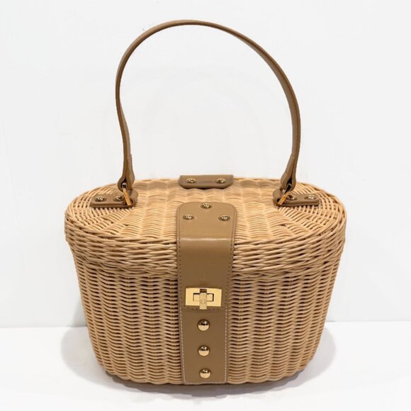 Etienne Aigner Wicker Basket Purse, Yellow Paisley Interior, Gold Toned Details - Picture 1 of 11
